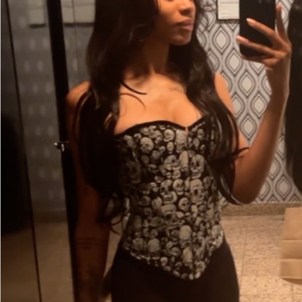 Black Bustier Corset Top with White Skull Print